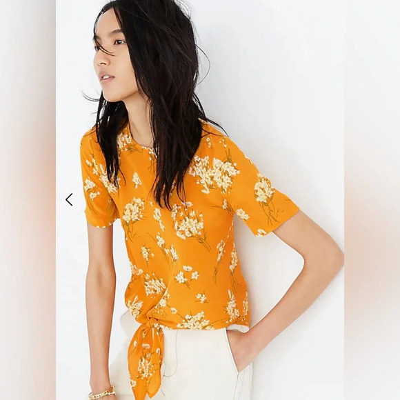 Madewell Silk Button-Back Tie Tee in Butterfly Garden XXS Orange - Picture 2 of 8